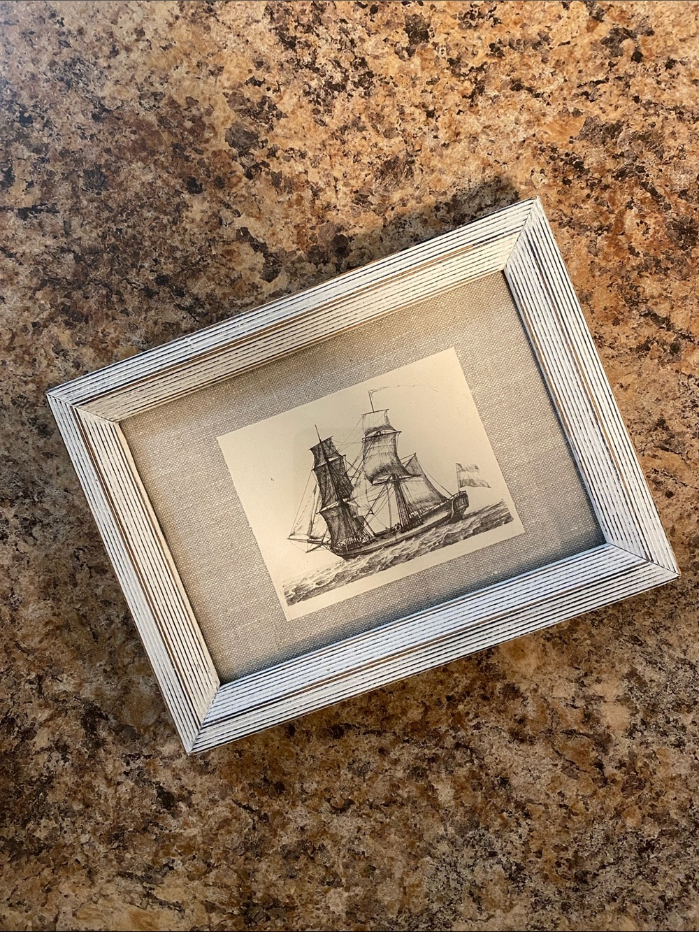 Whitewashed Wood Print Hand Framed with Nautical Sketch Print